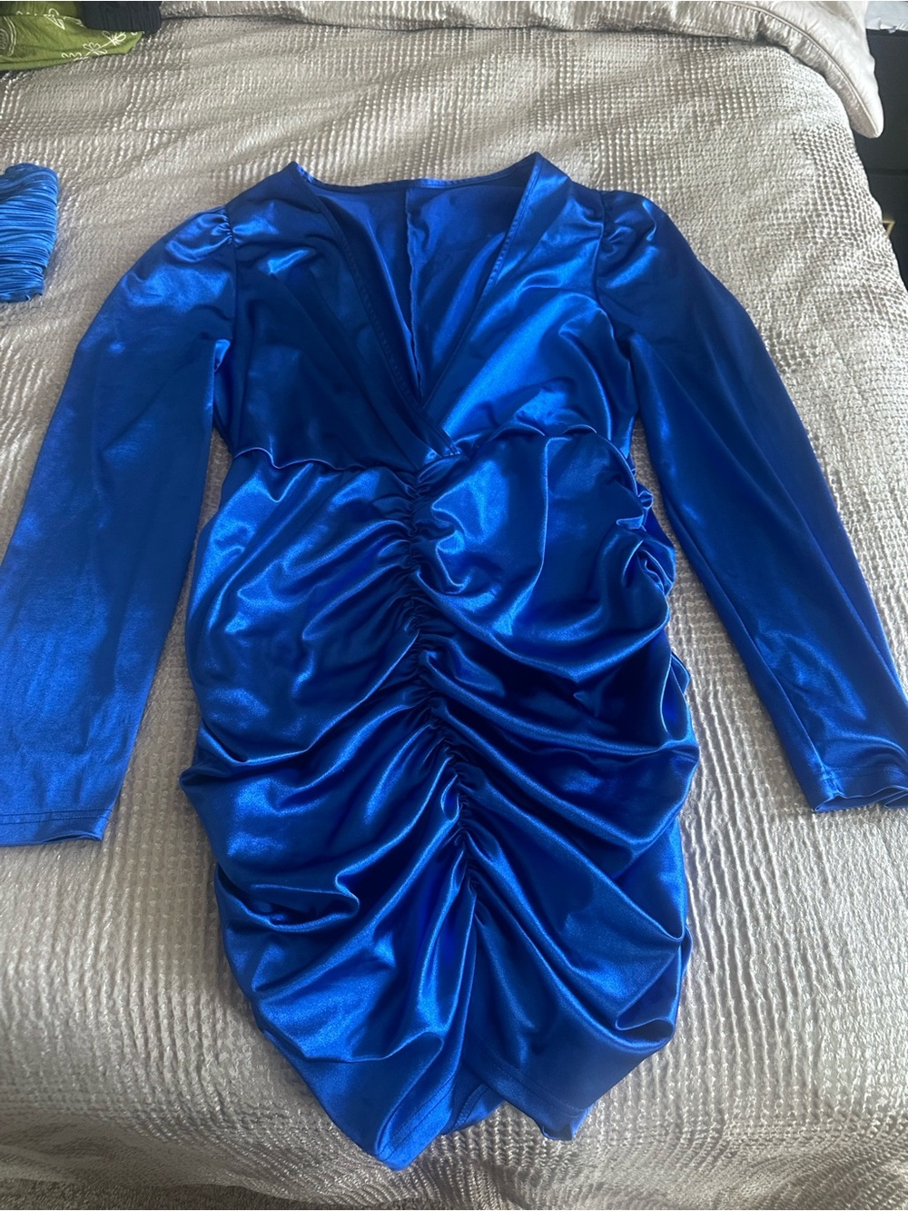 SHEIN Royal Blue Satin Ruched Long Sleeve Mini Dress